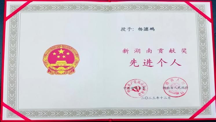 BG大游集团電子董事長楊譓鵬榮獲“新湖南貢獻獎-先進個人”殊榮